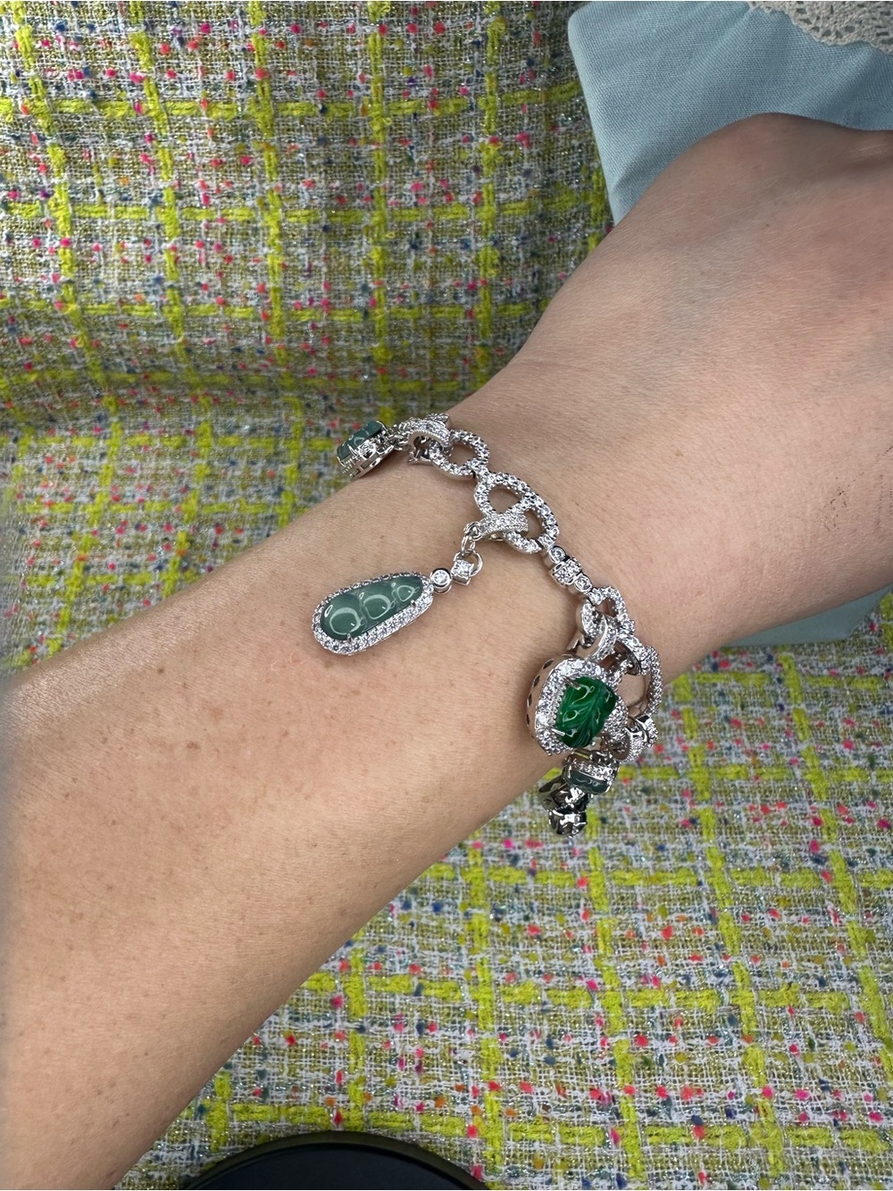 AA great king green jade and ice green jade Silver Chain Charm Bracelet